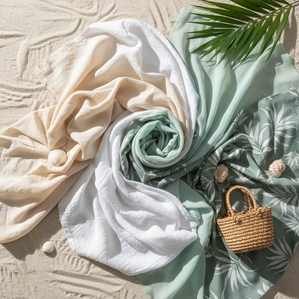 Close-up of breathable beach party outfit fabrics including linen, cotton, and chiffon materials