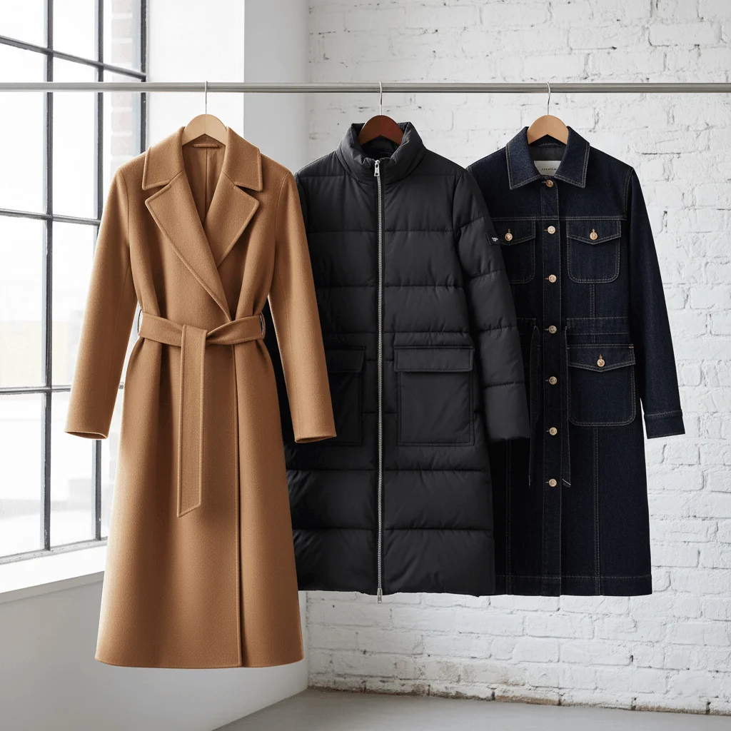 Best plus size winter coats for capsule wardrobe including long wool coat, puffer jacket, and denim utility jacket