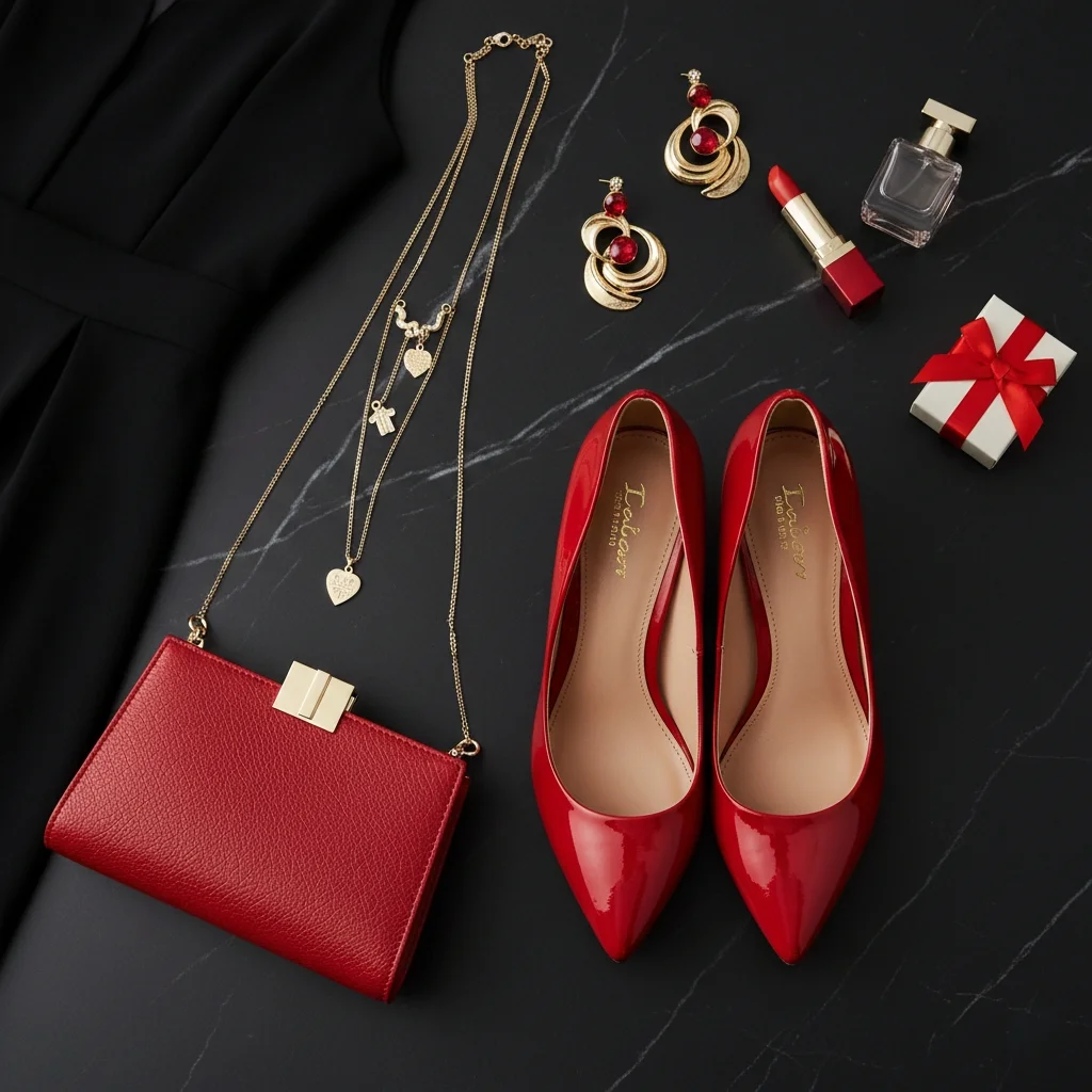 Valentine's Day accessories flatlay with red heels, gold jewelry and clutch for styling black dress