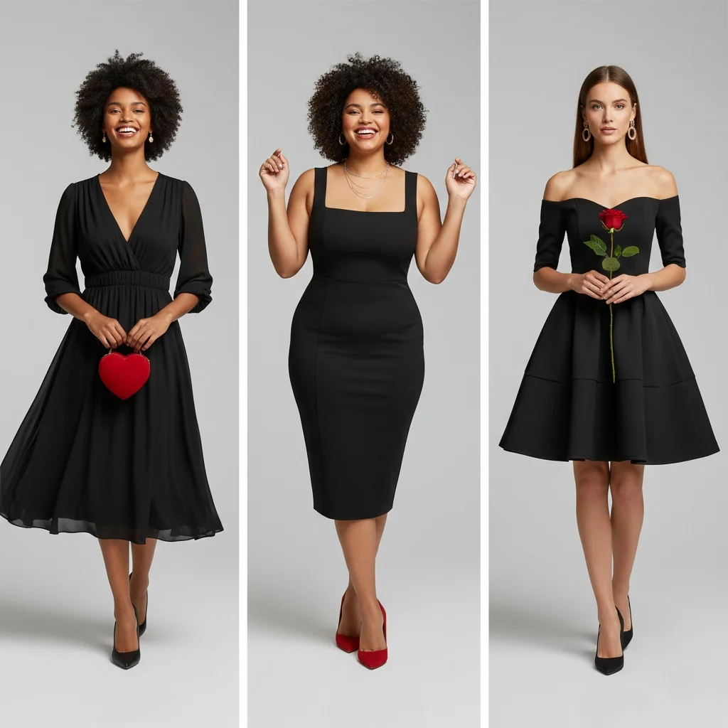Black Valentine's Day dresses styled for different body types including petite and curvy women