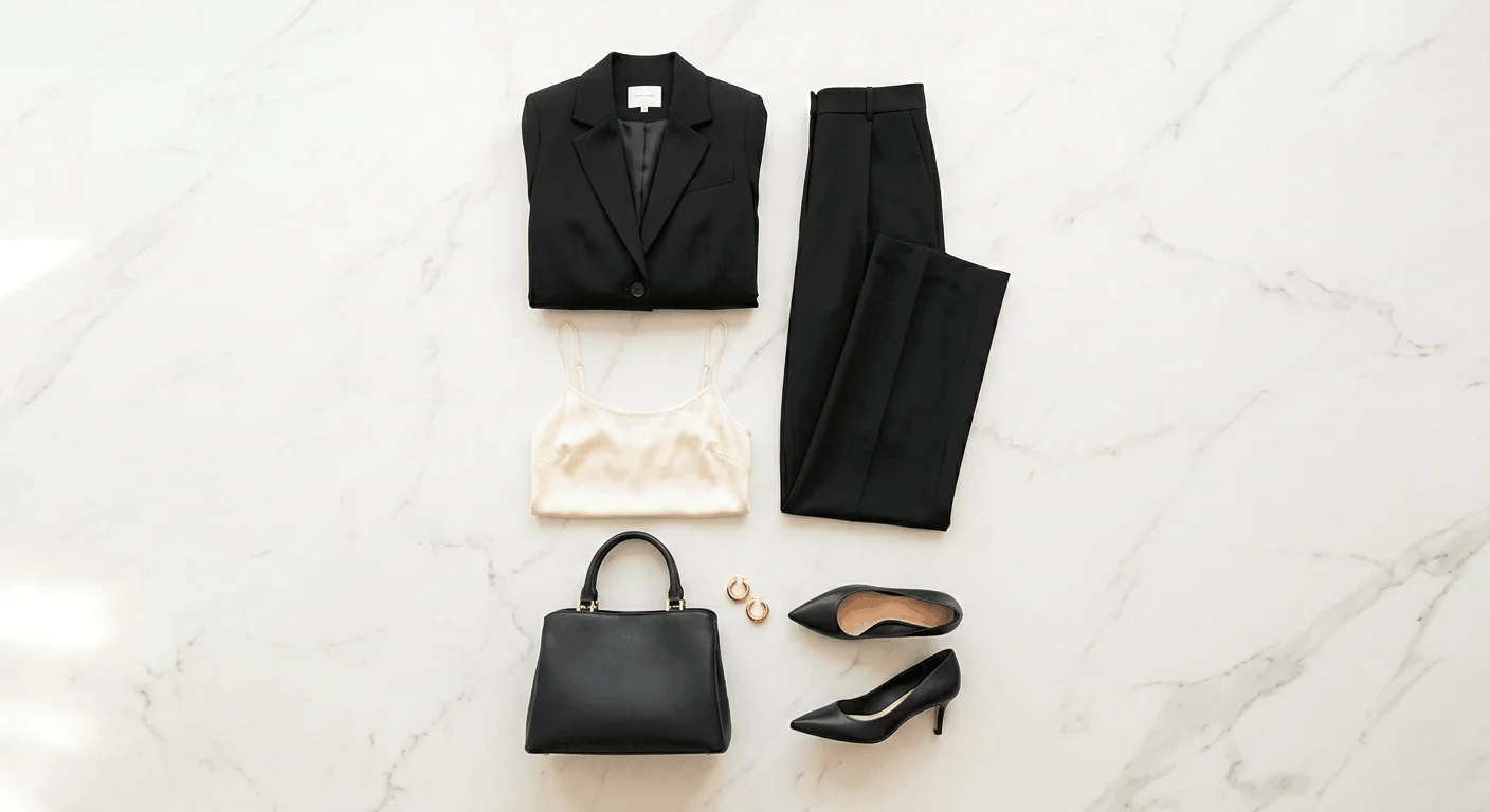 Blazer and silk cami day-to-night outfit flat lay for busy professional women - office to evening transition