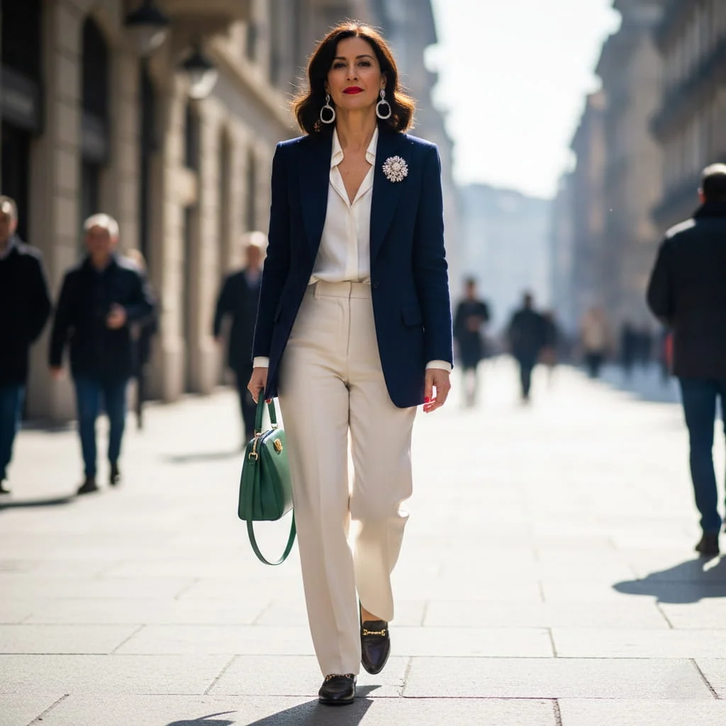 Modern woman blending Old Money tailored blazer with Sciura Style bold silver earrings and vintage brooch for a sophisticated hybrid look.