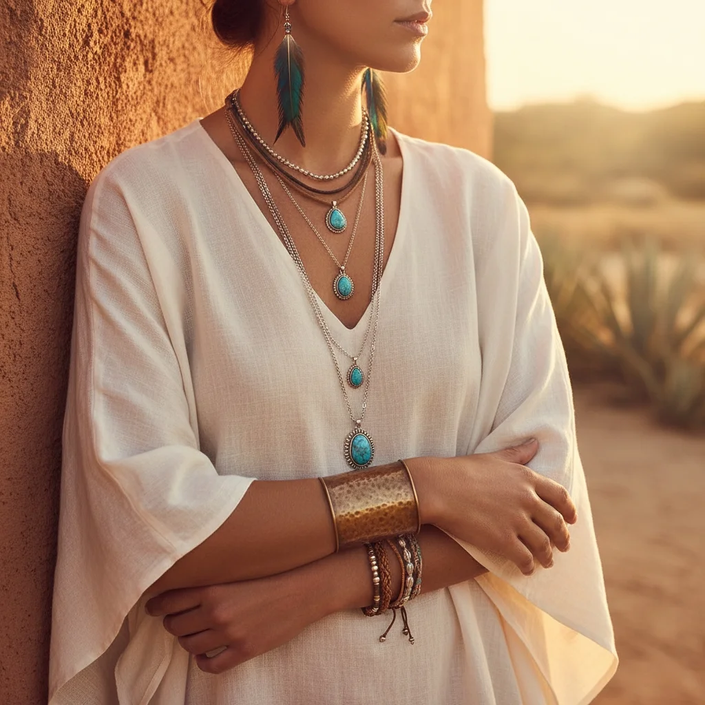 Boho jewelry trends USA women 2026 — layered turquoise pendant necklaces, hammered bronze cuffs and leather bracelets styled with flowing linen top outdoors