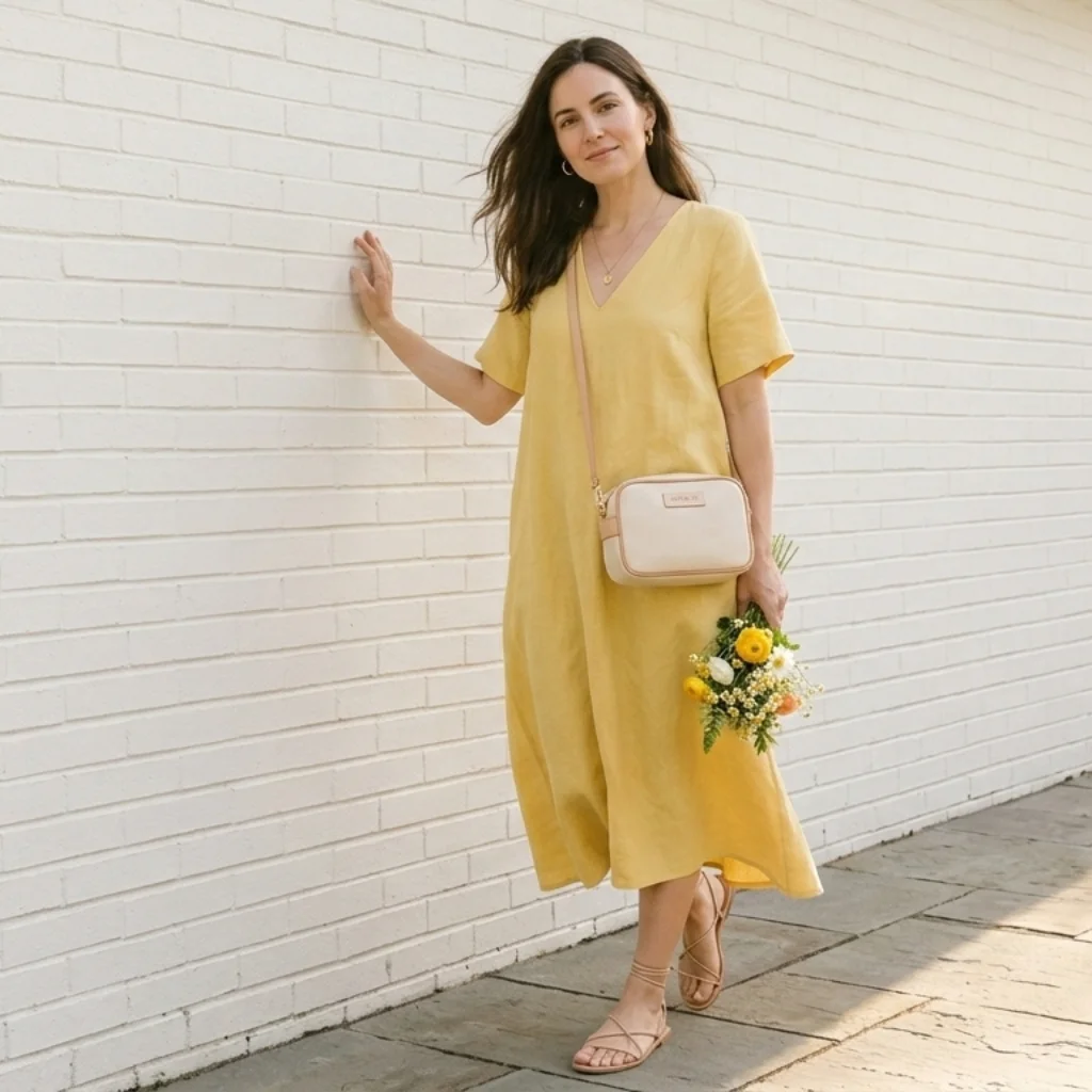 American woman wearing butter yellow linen midi dress with gold jewelry and nude sandals — spring 2026 color trend outfit