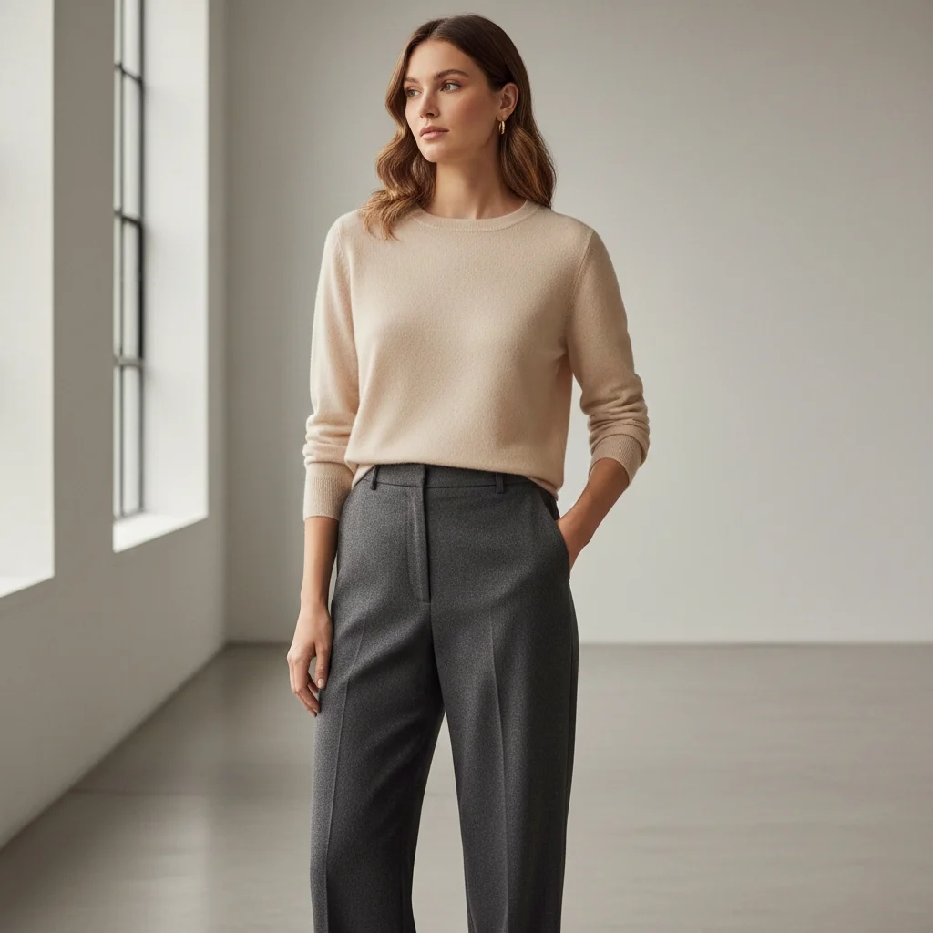 Neutral cashmere sweater styled with tailored trousers for quiet luxury Valentine's Day 2026 date night outfit