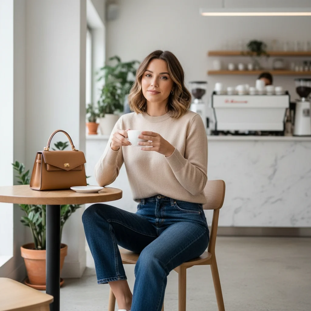 Cashmere sweater and tailored jeans quiet luxury outfit for casual Valentine's Day brunch 2026