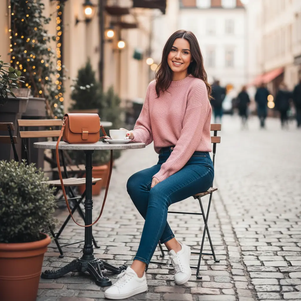 Casual Valentine's Day outfit with jeans and pink sweater for coffee date with white sneakers
