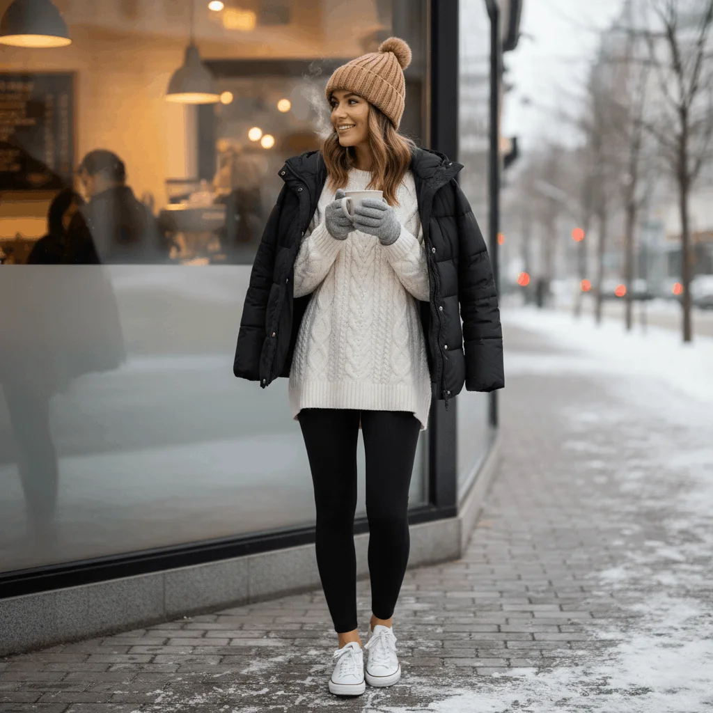 Comfortable weekend winter outfit with leggings oversized sweater and puffer jacket