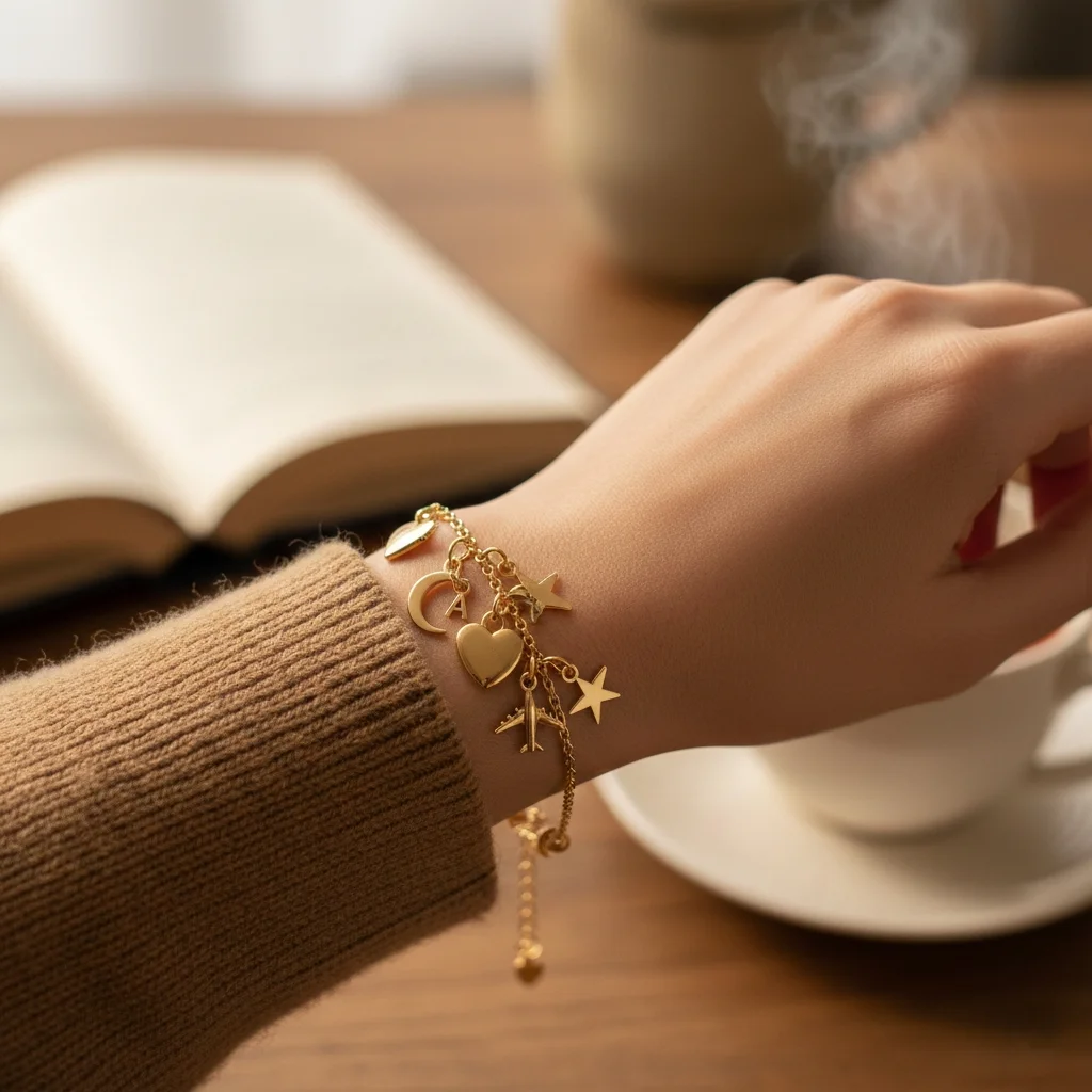 Charm bracelets 2026 — gold bracelet with meaningful moon, heart, initial and star charms on woman's wrist wearing a camel knit sweater
