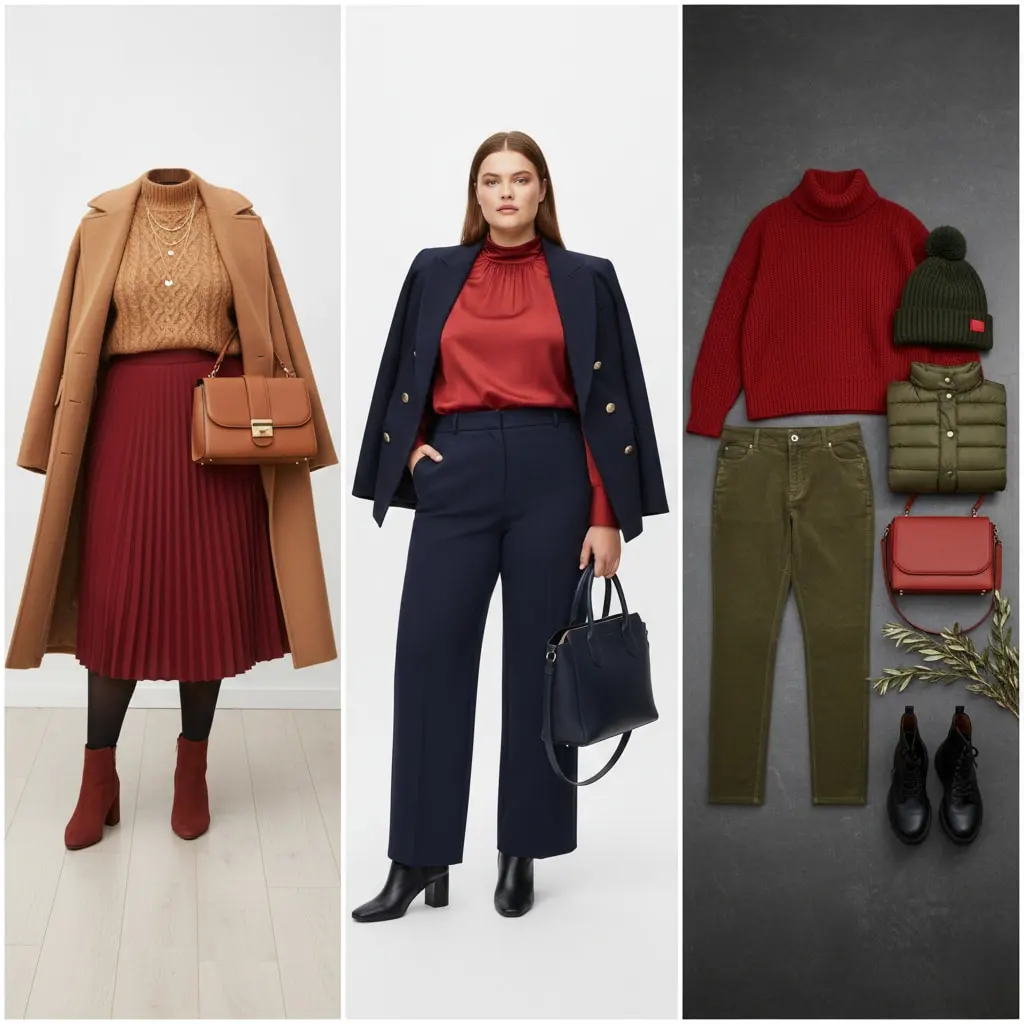 Chili red plus size outfit color pairing ideas with camel, navy, and olive green