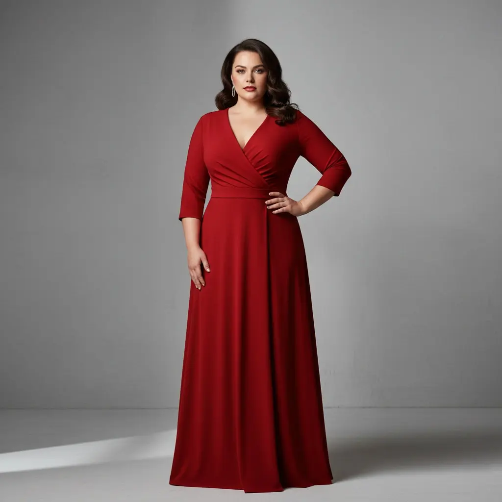 Plus size woman in elegant chili red wrap dress monochromatic winter 2026 outfit