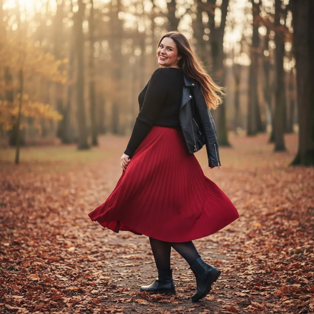 Plus size chili red pleated midi skirt outfit with black tights winter styling