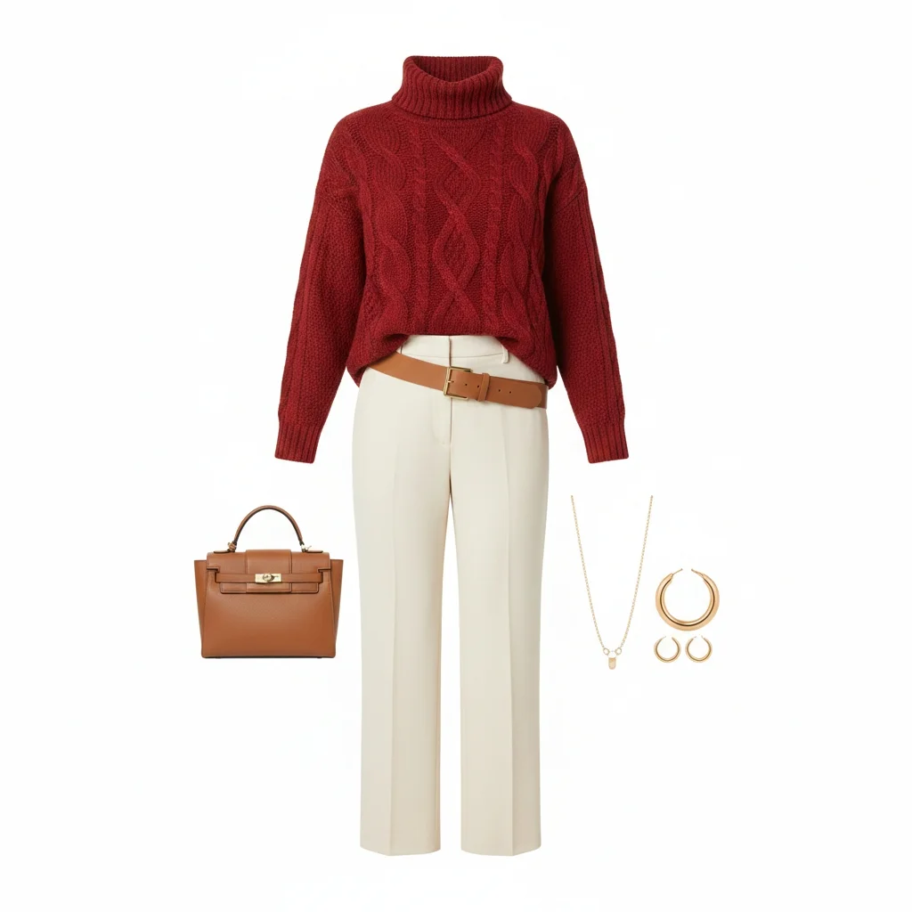 Flat lay showing chili red sweater styled with neutral colors - plus size winter fashion color combination ideas