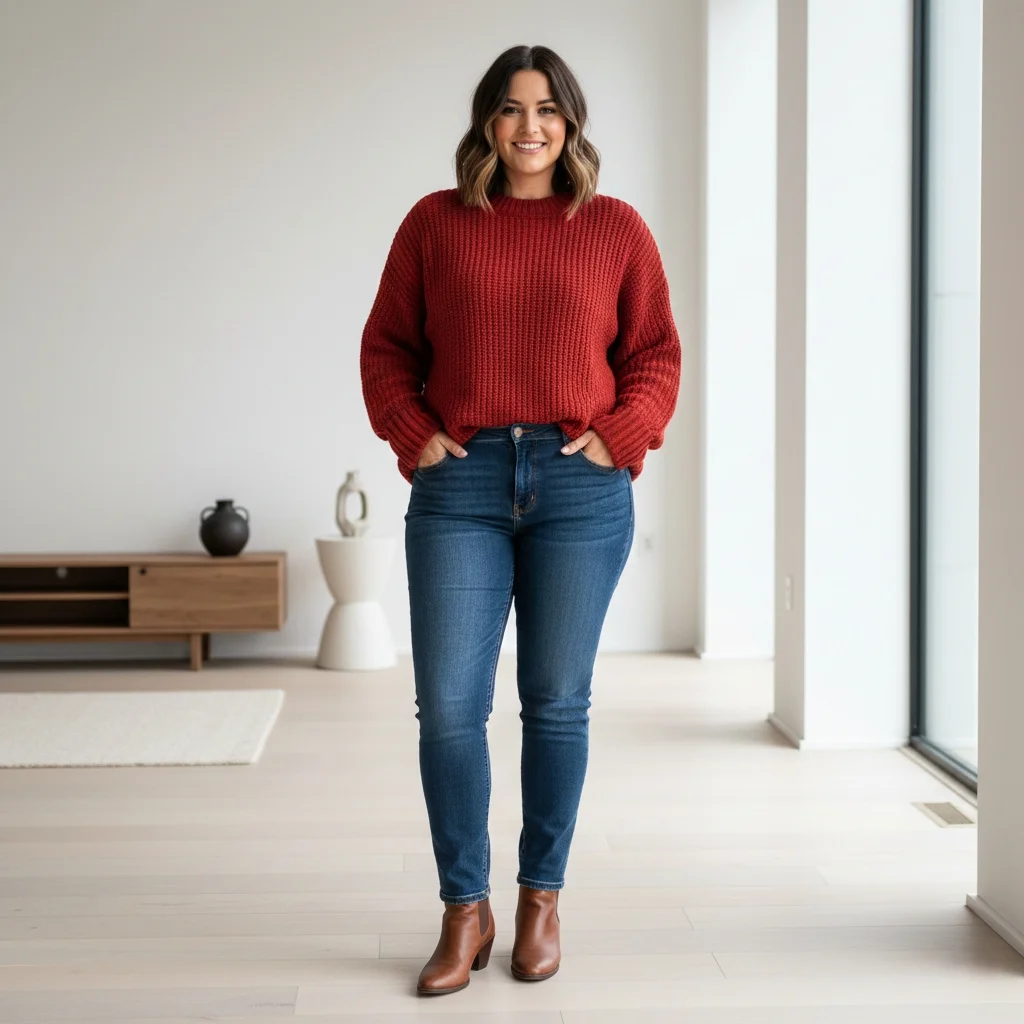 Plus size woman styling chili red chunky sweater with jeans - casual curvy winter fashion outfit ideas