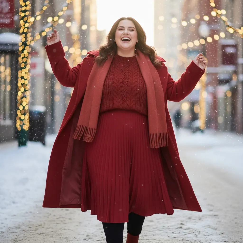 Confident plus size woman rocking chili red winter 2026 fashion trend complete outfit