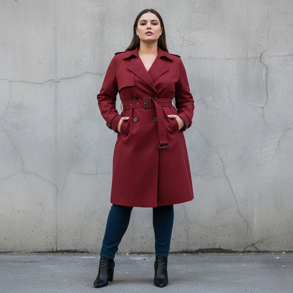 Stylish chili red belted trench coat on plus size model winter 2026 fashion trend