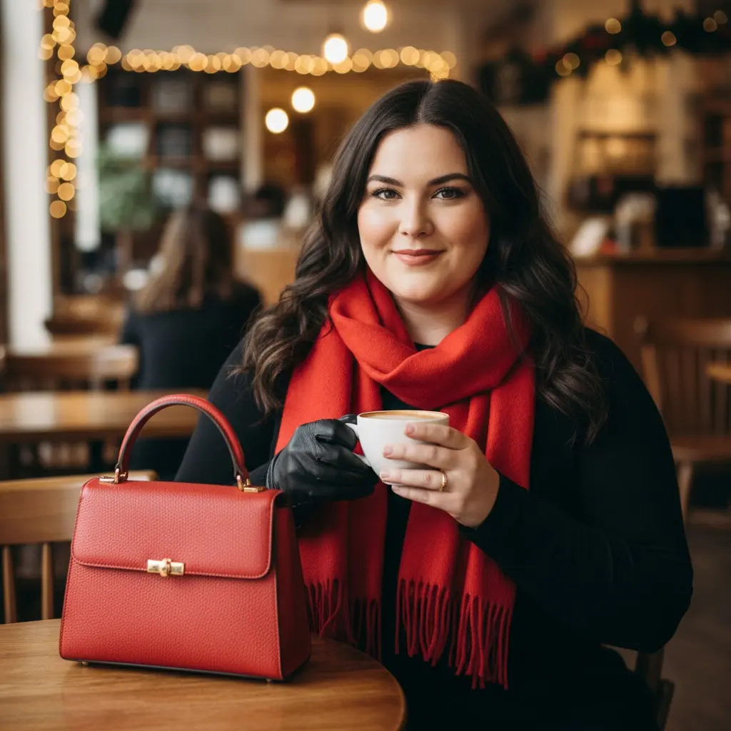 Plus size outfit featuring chili red scarf and handbag with black clothing for winter styling