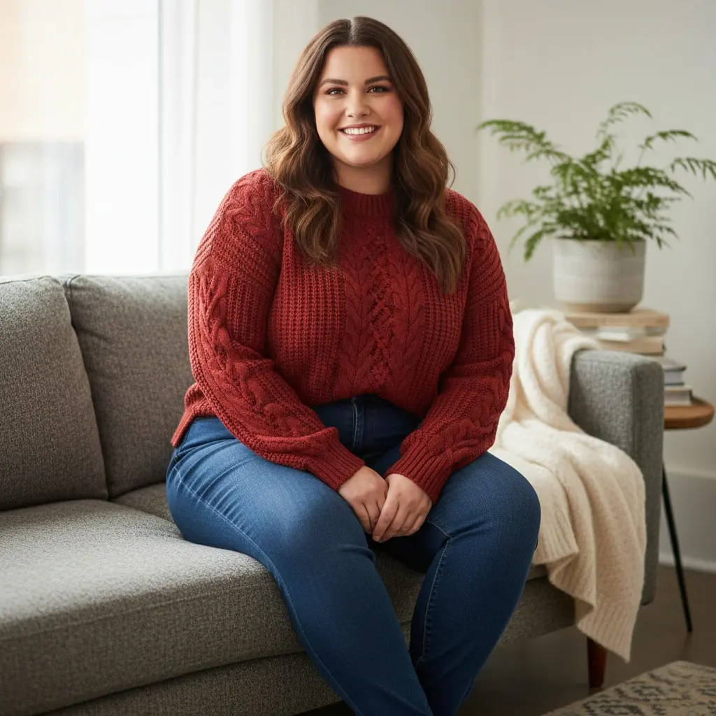 Plus size woman in chili red cable knit sweater with jeans casual winter outfit idea