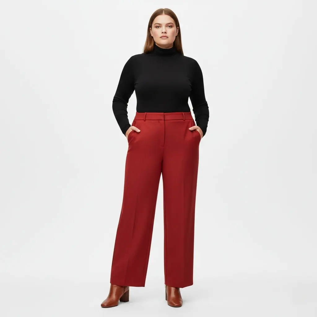 Chili red wide leg trousers outfit for plus size fashion with black top and boots