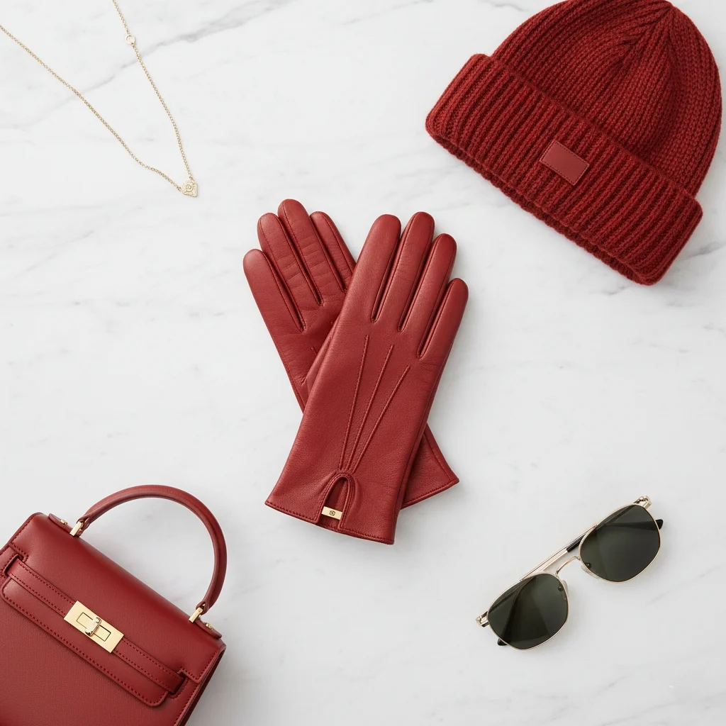 Chili red winter accessories including gloves, beanie and handbag - bold color accent pieces for plus size outfits