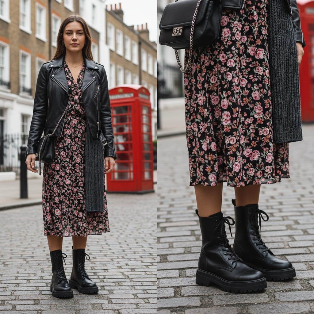 Chunky black combat boots styled with floral dress - London edgy feminine trend