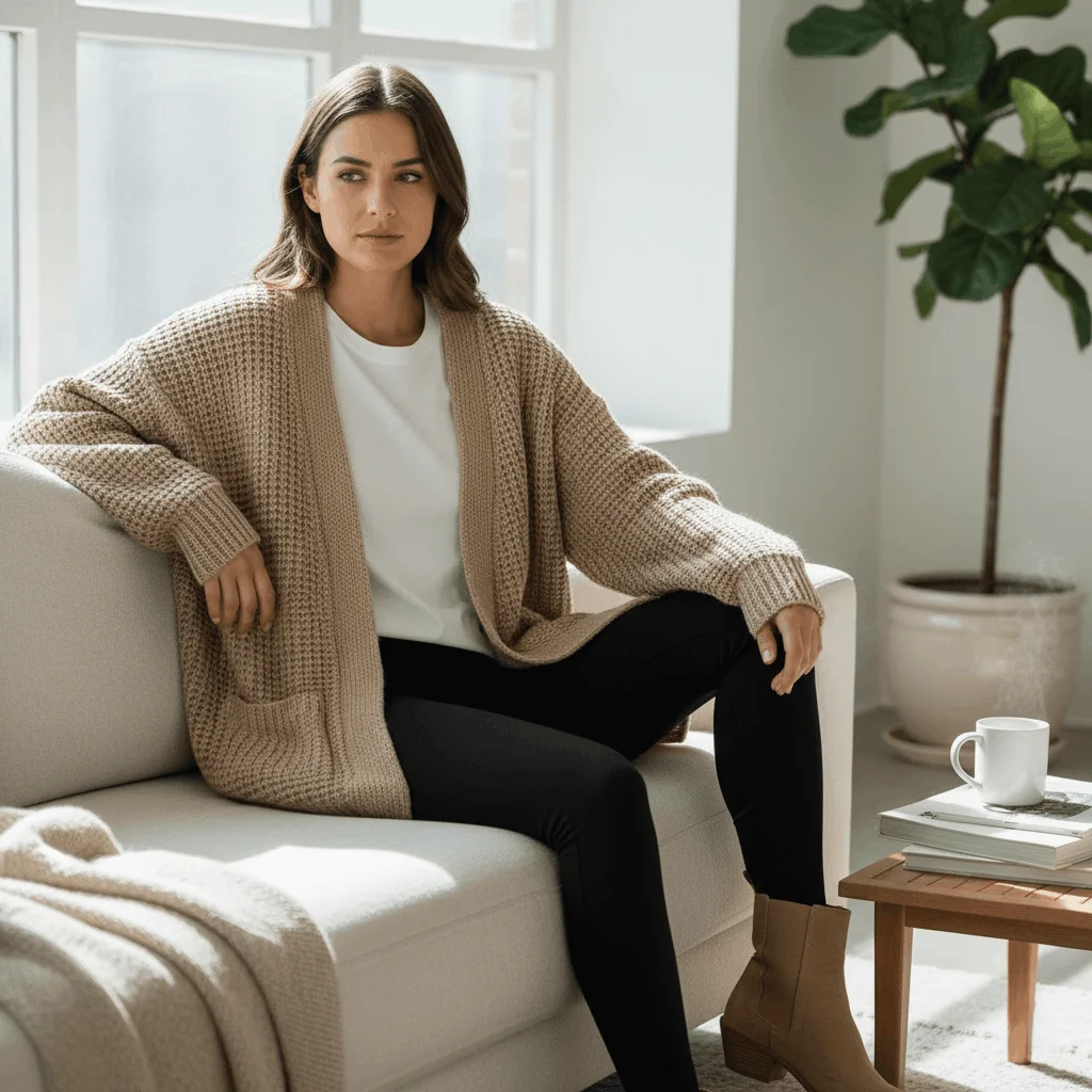 Oversized chunky cardigan styled with leggings and ankle boots for cozy winter look