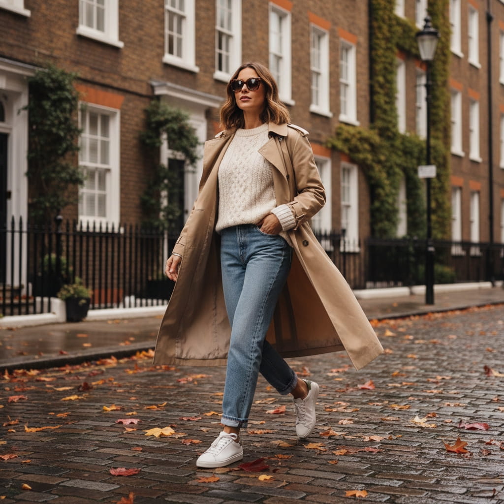 Classic beige trench coat outfit styled with jeans and sweater for London street style