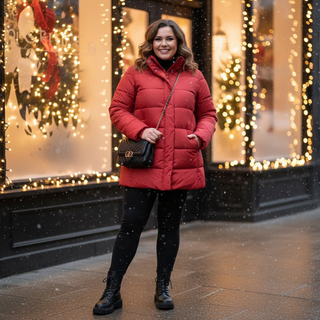 Full winter outfit featuring chili red puffer coat for plus size women - affordable plus size winter clothing inspiration