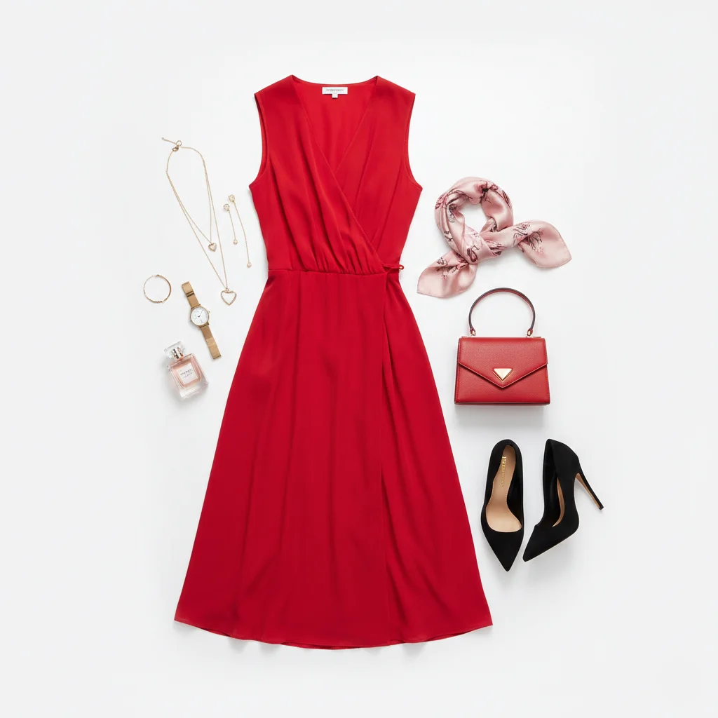 Complete Valentine's Day outfit ensemble flat lay with dress accessories and shoes styled together