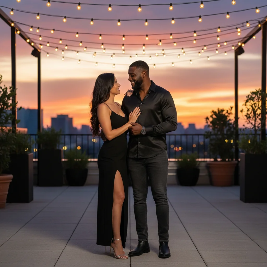 Couple wearing coordinated black Valentine's Day outfits for romantic date night