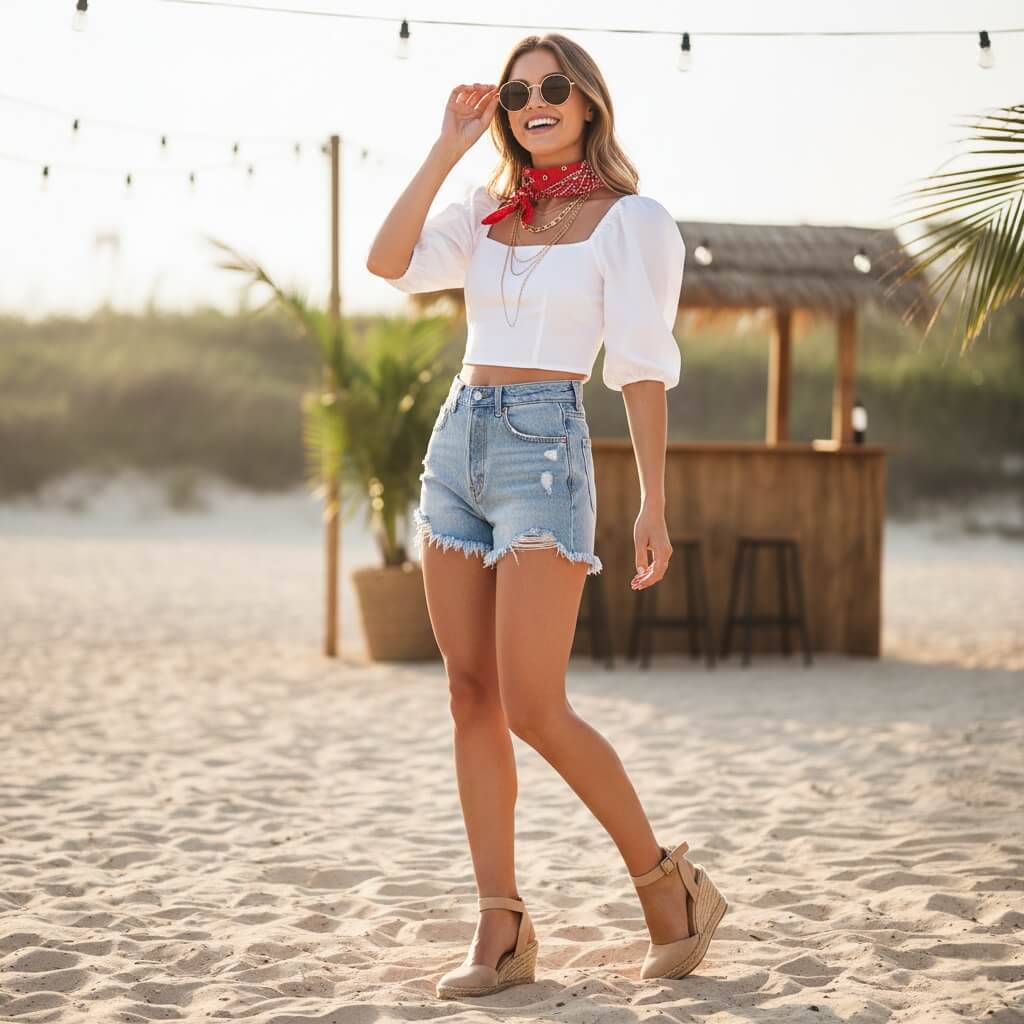 Trendy crop top and high-waisted shorts combination beach party outfit idea for Australian summer