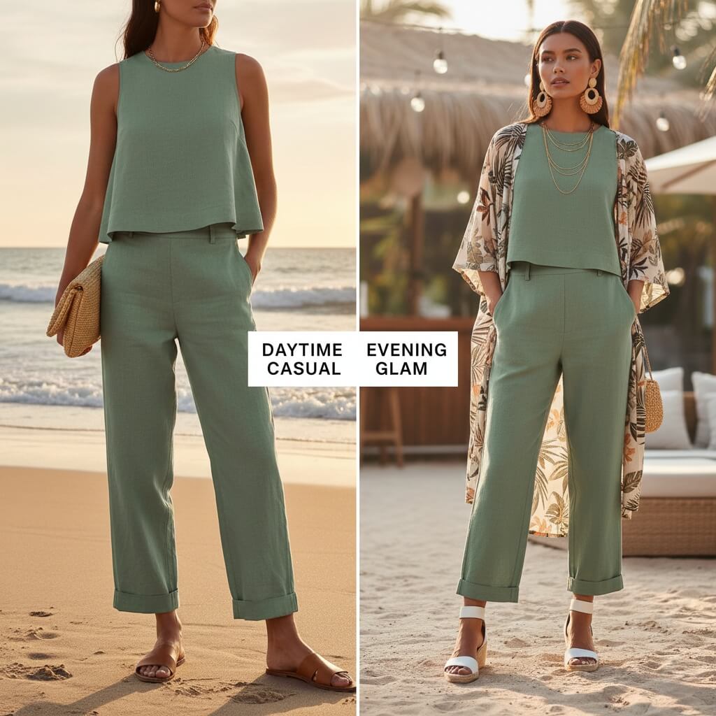 Beach party outfit transformation from daytime casual to evening glam with styling tips