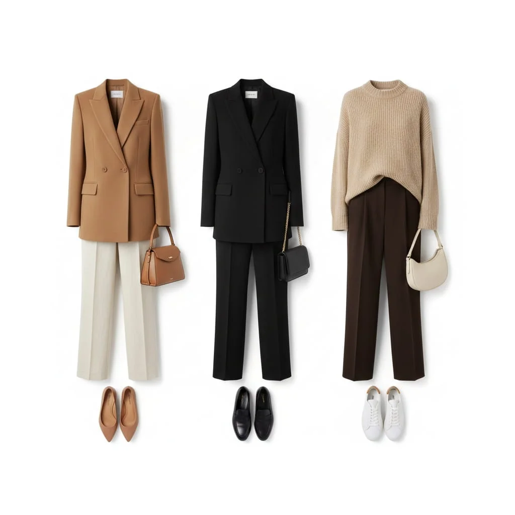 Three flat lay outfit ideas using high-street brands that look designer — camel blazer, all-black tailored set and oatmeal knit on white background