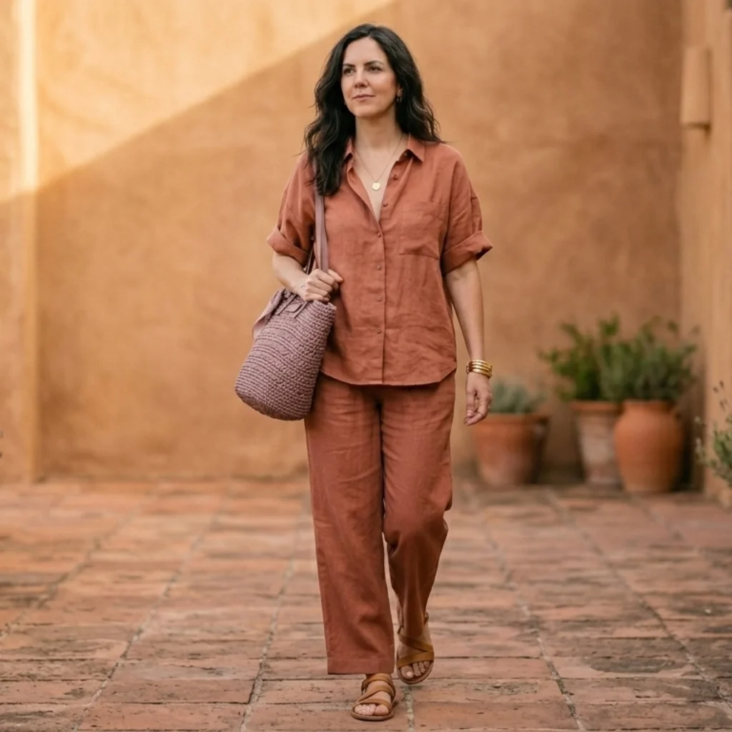 Woman in terracotta linen co-ord set with tan sandals and mauve bag — earthy neutral color trend women's fashion spring 2026