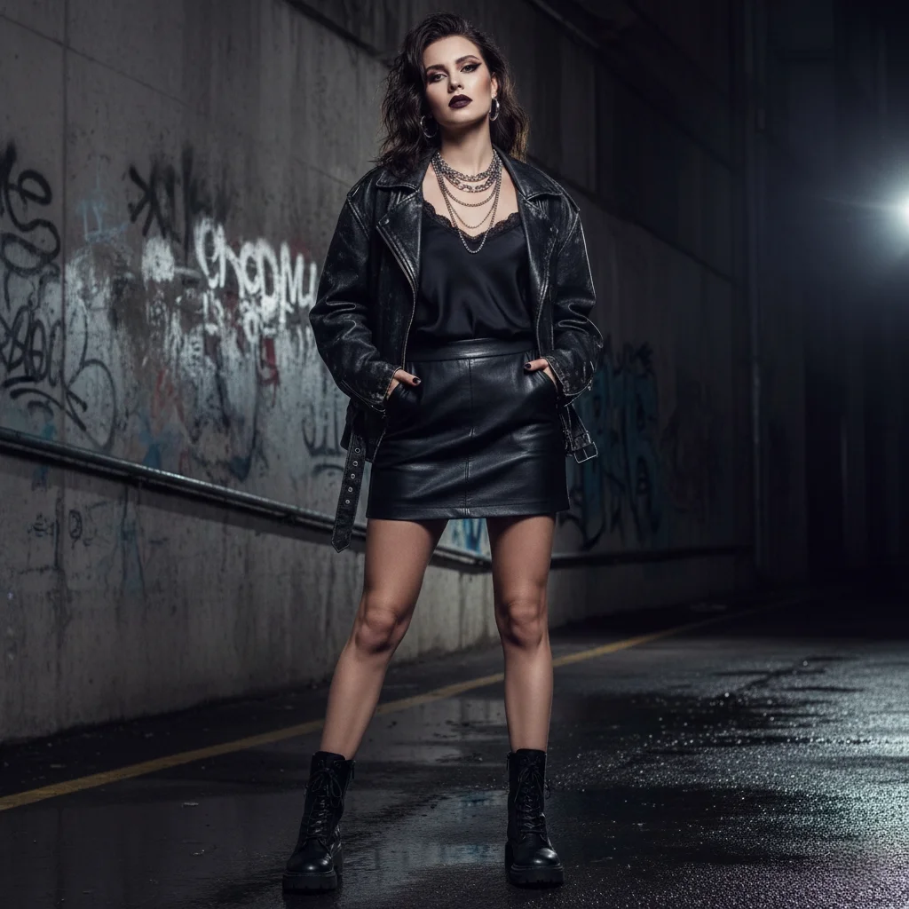 Edgy gothic Valentine's Day outfit featuring black leather skirt, silk camisole and combat boots
