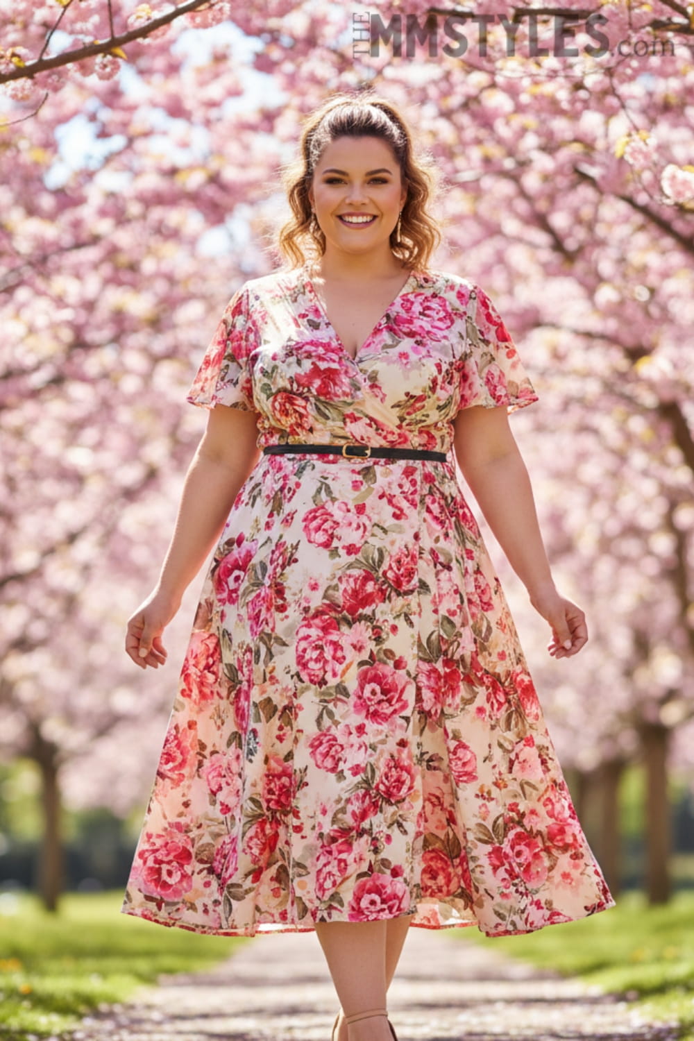 Playful floral print plus size Valentine's Day midi dress – stylish curvy fashion idea for Galentine's 2026