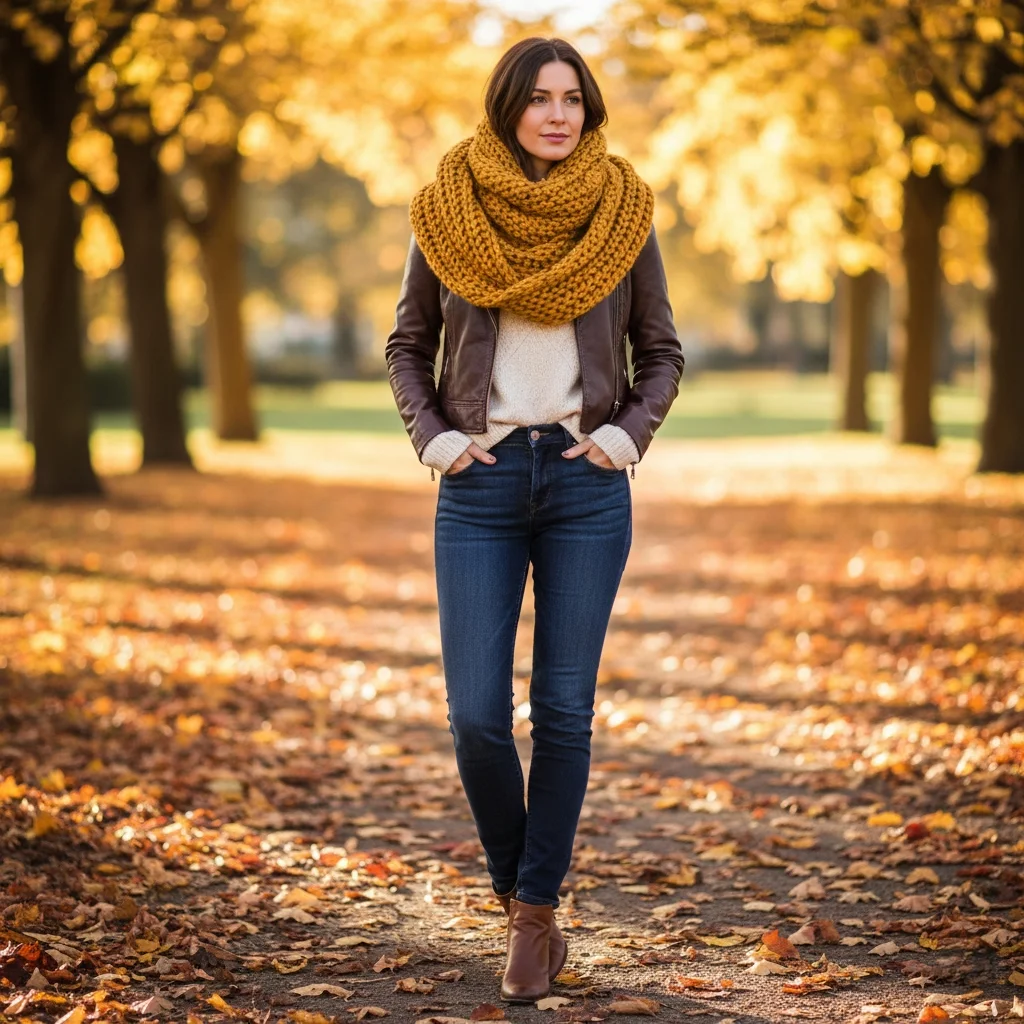 Fall scarf layering with chunky knit scarf and leather jacket