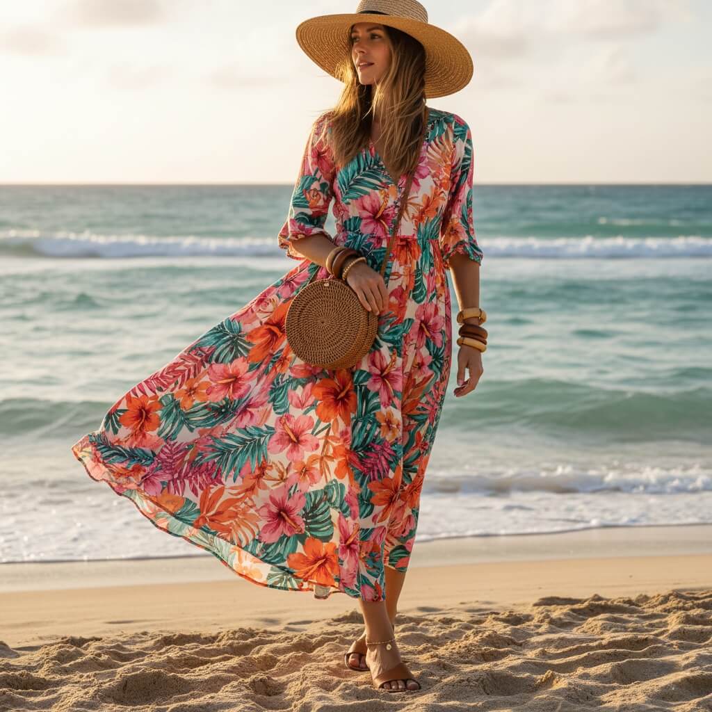Woman wearing flowy maxi dress with straw hat and statement accessories for Australian beach party