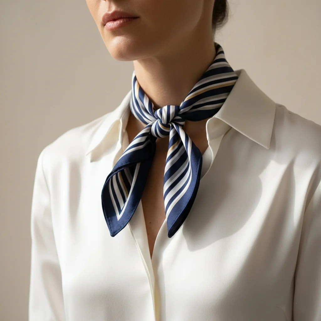 Woman wearing striped scarf tied in elegant French knot style