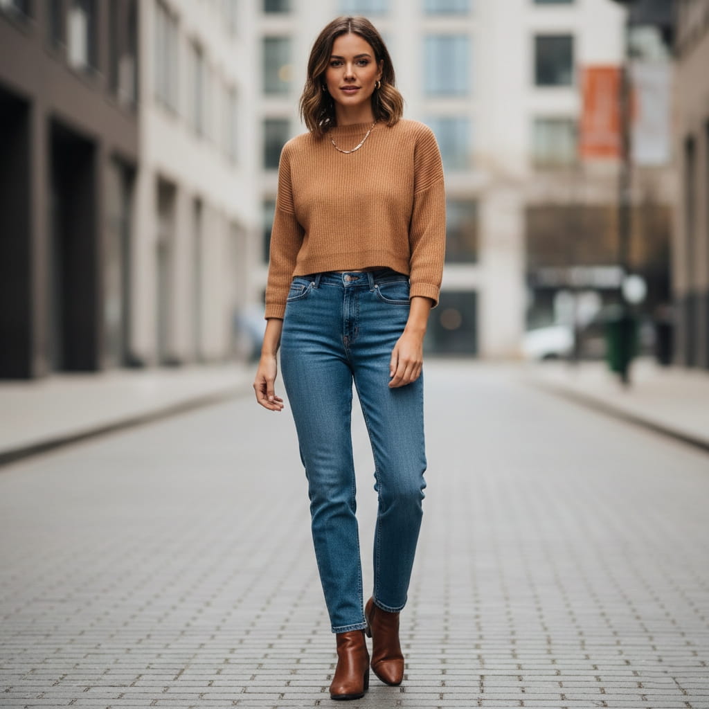 High-waisted straight-leg jeans with cropped sweater and ankle boots - denim trend 2026