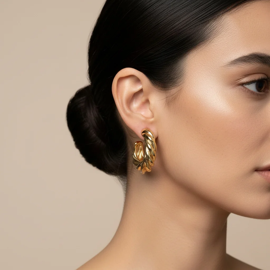 Hoop earrings trend 2026 — woman wearing large twisted gold hoop earrings with hair pulled back, editorial jewellery photography