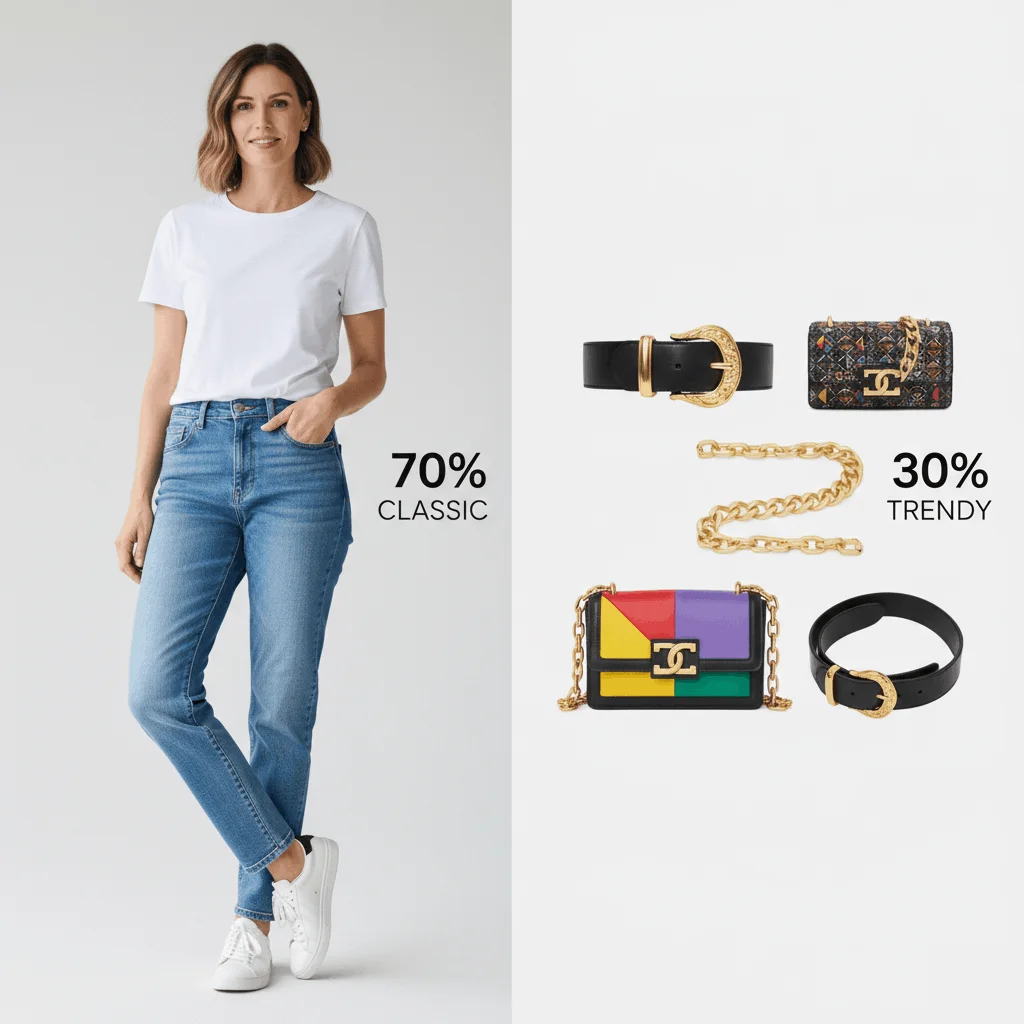 How to mix classic and trendy pieces using the 70/30 rule for balanced outfit styling