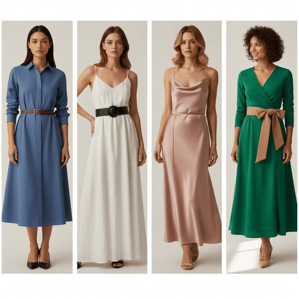 A collage of four women wearing belts styled with different dress types — shirt dress, maxi dress, slip dress, and wrap dress — showing different ways to wear a belt with a dress