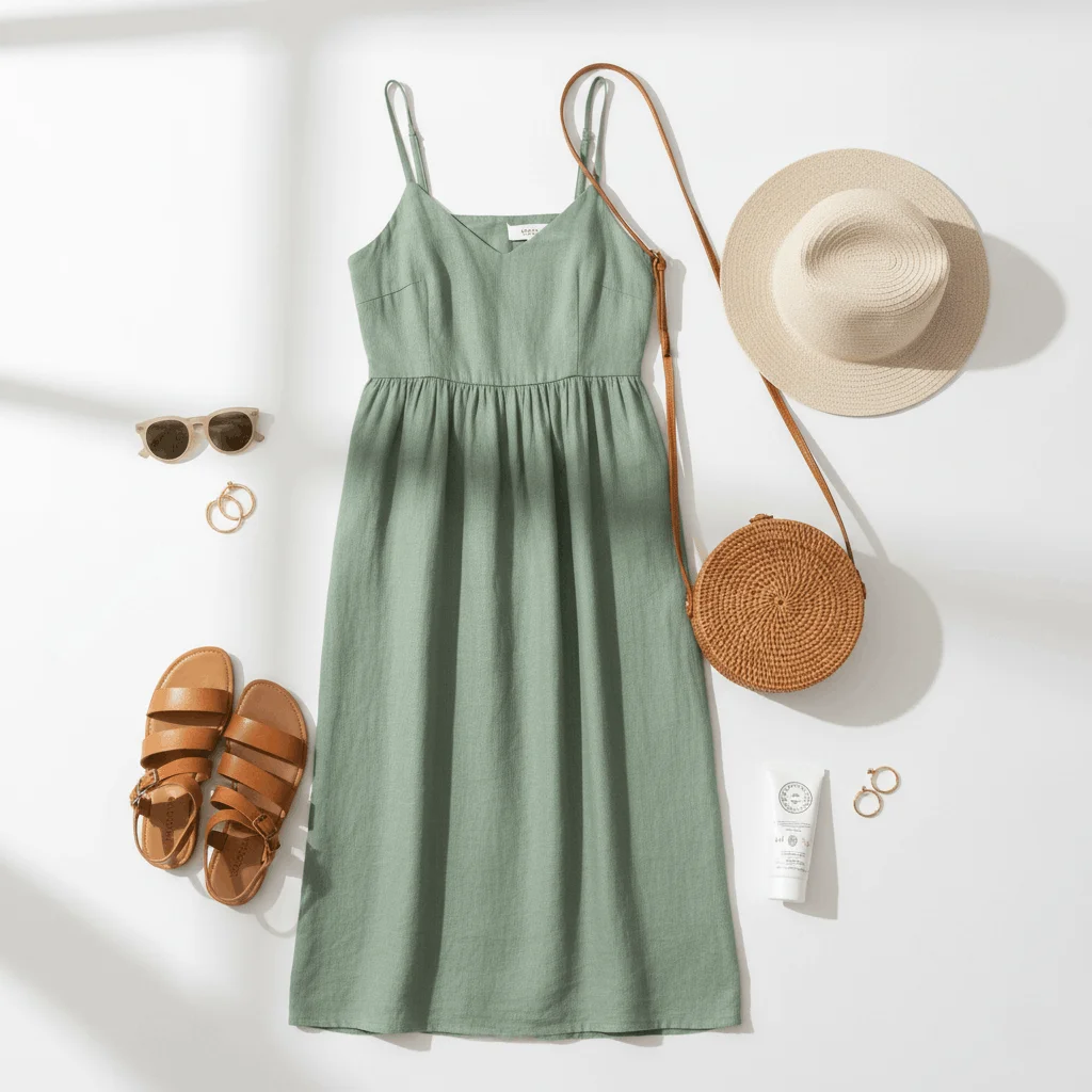 Flat lay styling guide for summer dresses in Australia with sandals, hat and accessories