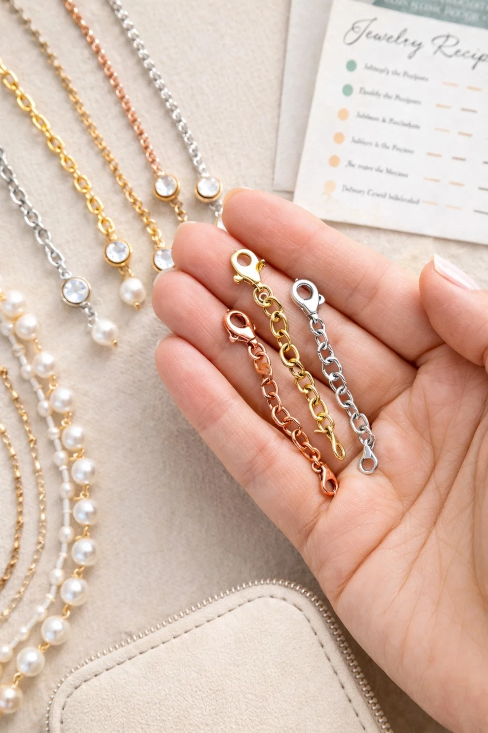 A close-up of a hand holding various jewelry extenders next to a selection of necklaces, symbolizing essential 2026 styling hacks for adjusting necklace length.