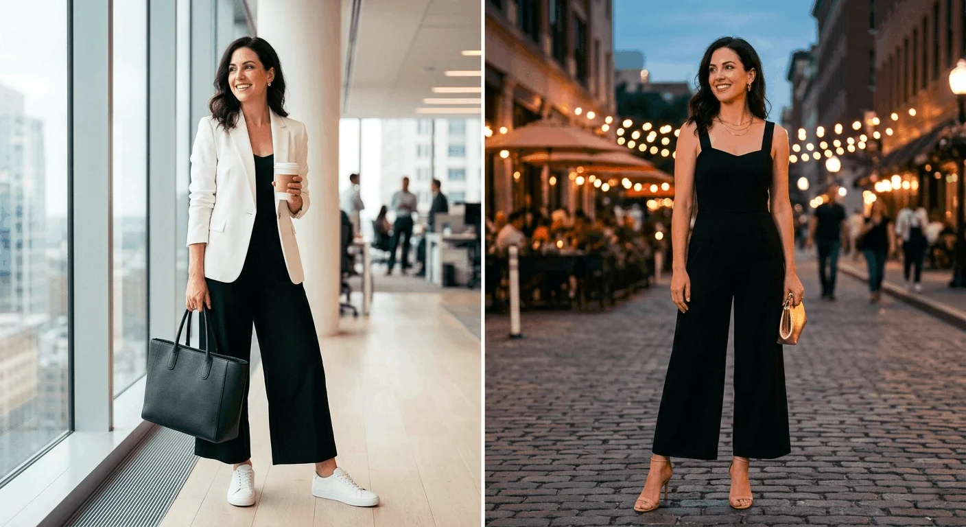 Black jumpsuit styled for day and night — versatile outfit idea for busy women going from work to evening