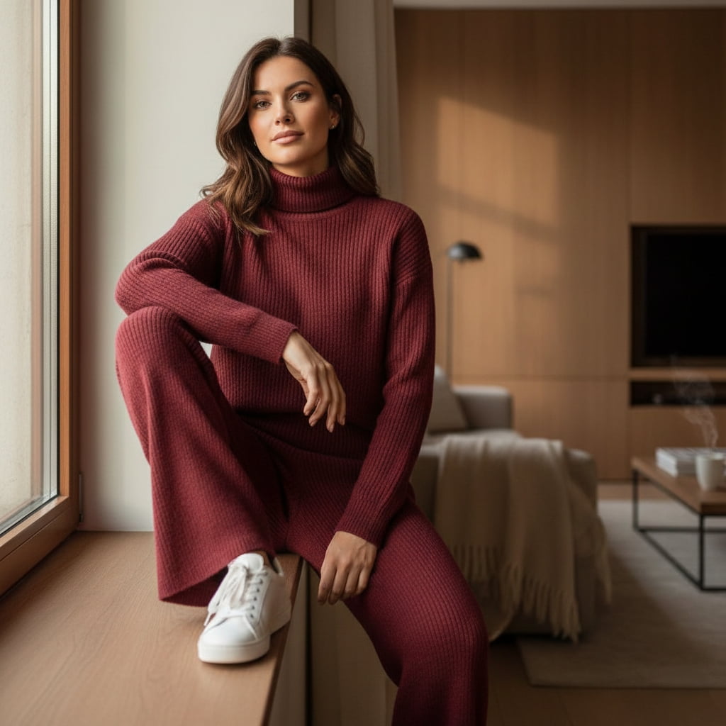 Matching burgundy knit set outfit - trendy coordinated knitwear for women