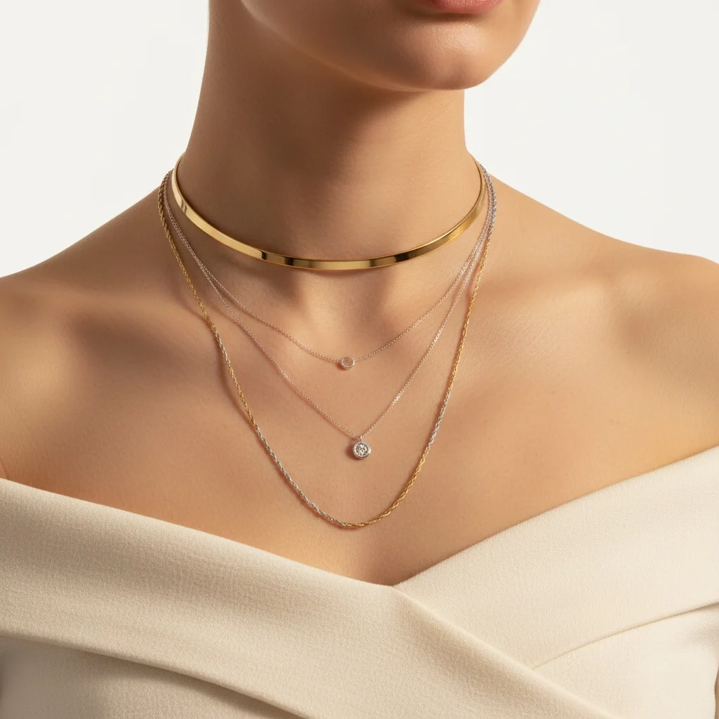 Layered necklace trend women USA 2026 — mixed gold and silver multi-chain necklaces styled with an off-shoulder top