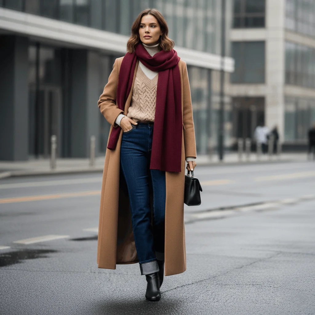 Layered neutral winter outfit with burgundy scarf accent and camel coat