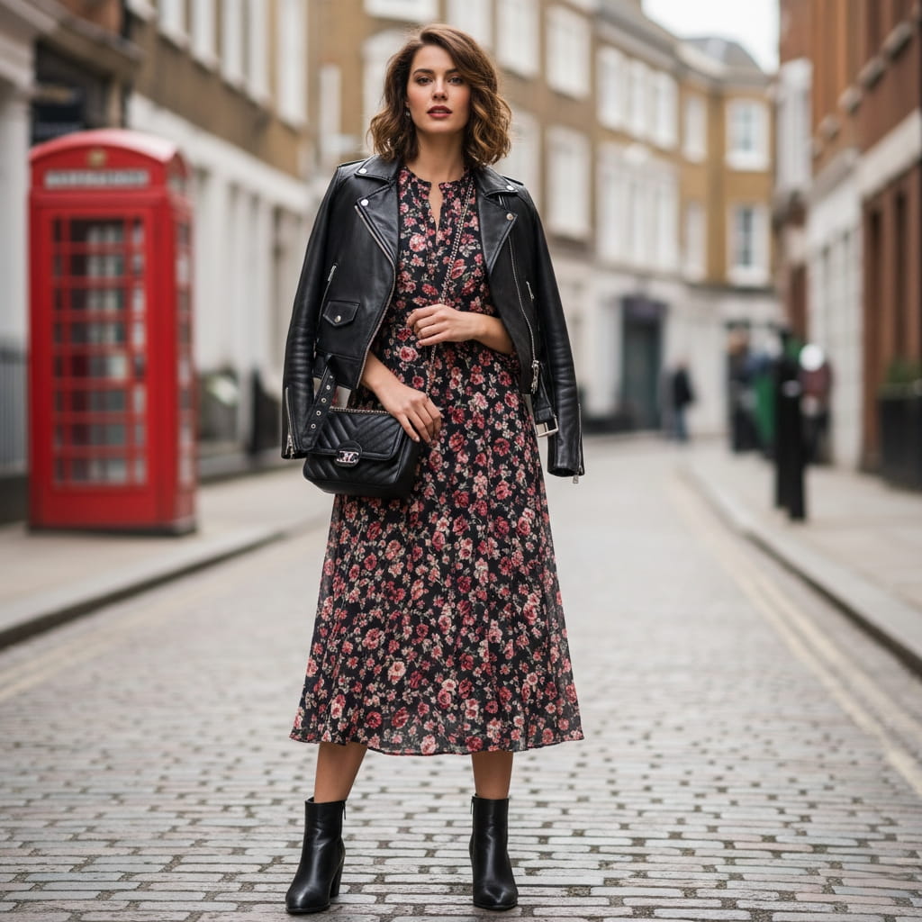 Black leather jacket paired with floral dress - trendy London women’s outfit mixing tough and feminine